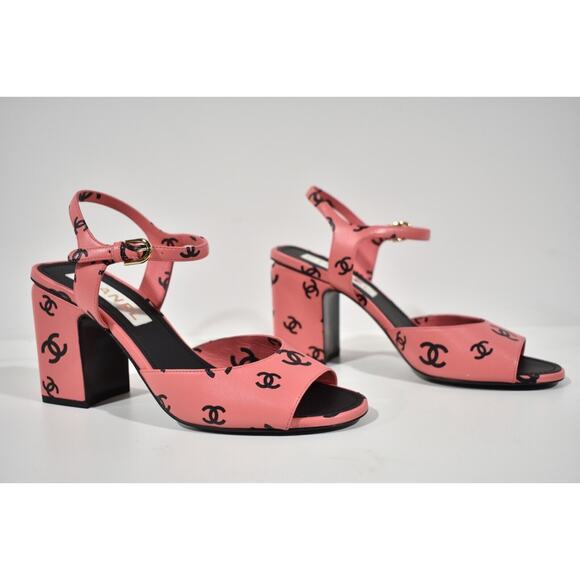 Chanel 22S Pink Black Printed Lambskin CC Logo Ankle Strap Block Heel Sandal 40 - Picture 2 of 10